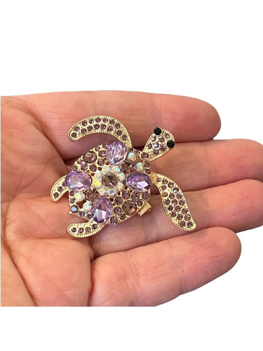 Crystal Sea Turtle Brooch in Light Purple and Gold FINAL PRICE DROP